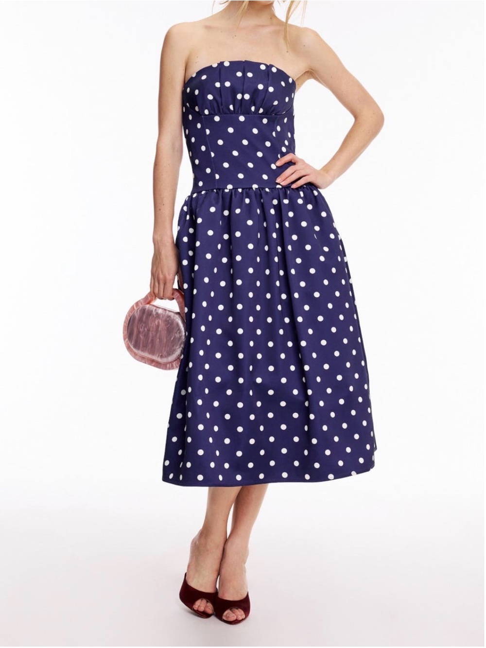 Strapless Navy Polka Dot Midi Dress